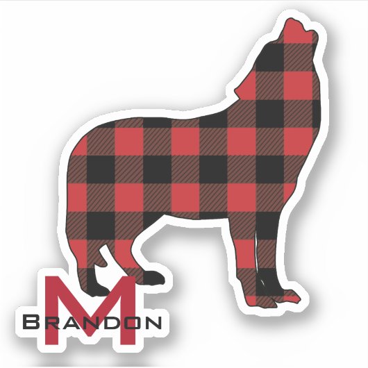 Buffalo Plaid Howling Wolf Monogram Sticker (Voorkant)