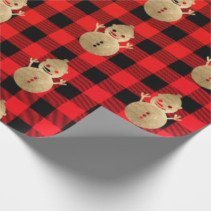 Buffalo Plaid Lomberjack Goud Rode Sneeuwman Cadeaupapier