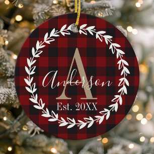 Buffalo Plaid Monogram Wreater Family Kerstmis Keramisch Ornament