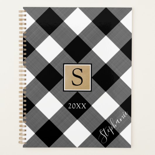 Buffalo Plaid Monogramme Nom du script Noir Blanc (Devant)