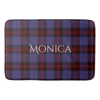 Buffalo plaid navy blue red monogram name badmat
