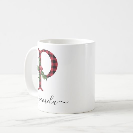 Buffalo Plaid P Monogram Christmas Coffee Mug (Devant gauche)