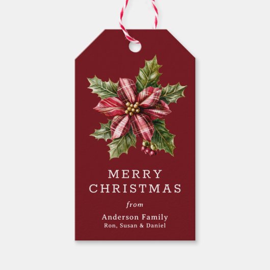Buffalo Plaid Poinsettia Floral Custom Christmas Cadeaulabel (Voorkant)