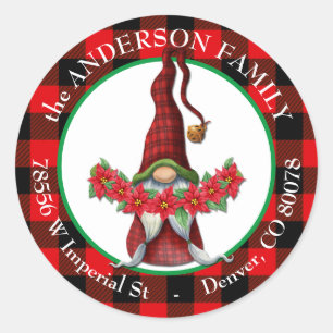 Buffalo Plaid Poinsettia Gnome Retouradres Ronde Sticker