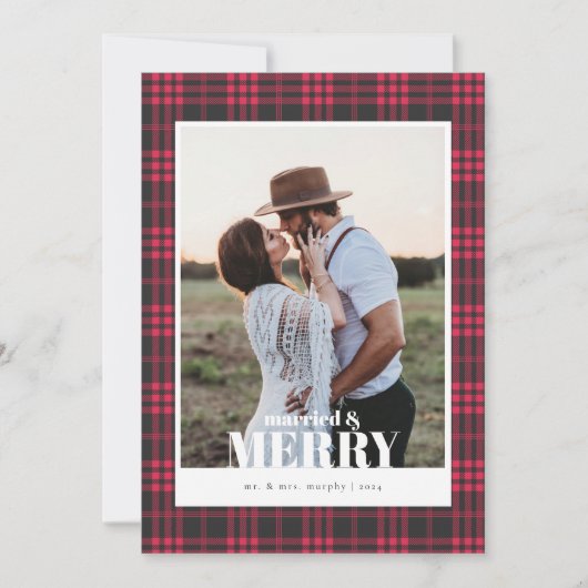 Buffalo Plaid Red Marié & Joyeuse carte de Noël (Devant)
