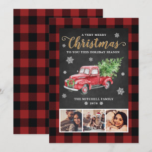 Buffalo Plaid  Red Truck Christmas 3 Foto Feestdagenkaart