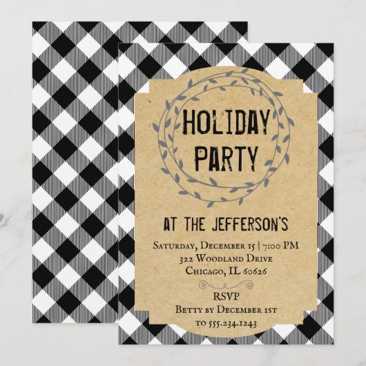 Buffalo Plaid Rustic Holiday Party Uitnodiging (Voorkant / Achterkant)