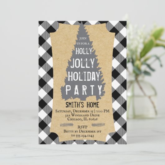 Buffalo Plaid Rustic Holly Jolly Party Uitnodiging (Staand voorkant)
