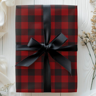 Buffalo Plaid Rustic Zwart en Rood Geruit Kerstmis Cadeaupapier