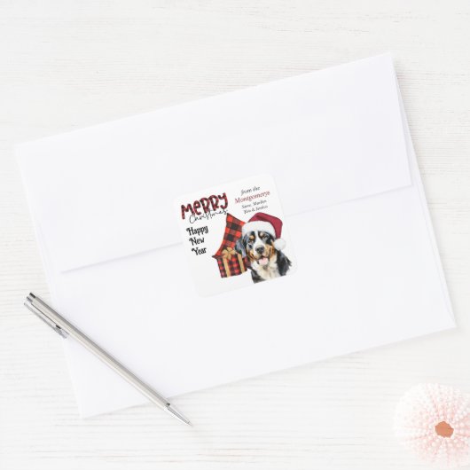 Buffalo Plaid Santa Hat Swiss Mountain Dog Vierkante Sticker (Envelop)