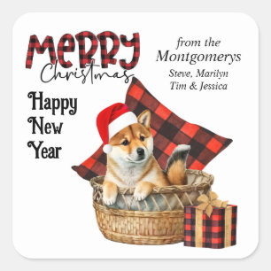 Buffalo Plaid Shiba Inu Puppy Kerstmis Vierkante Sticker