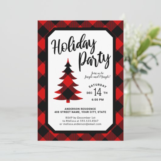 Buffalo Plaid Tree Fête Invitation (Debout devant)