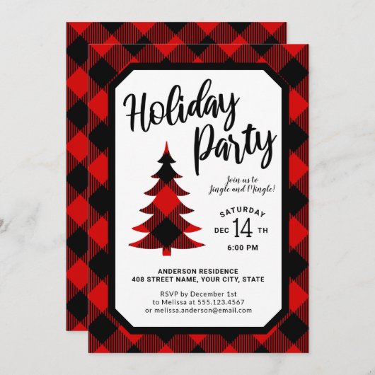 Buffalo Plaid Tree Fête Invitation (Devant / Derrière)