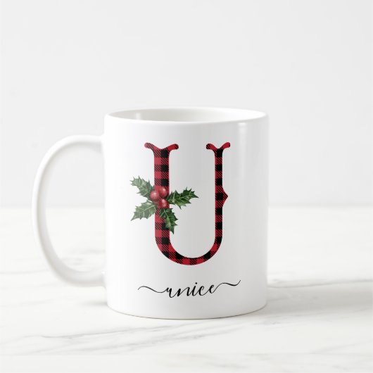 Buffalo Plaid U Monogram Christmas Coffee Mug (Gauche)