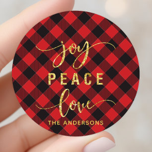 Buffalo Plaid Vreugde Vrede Liefde Monogram Ronde Sticker