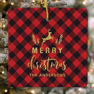 Buffalo Plaid vrolijk kerst monogram Keramisch Ornament