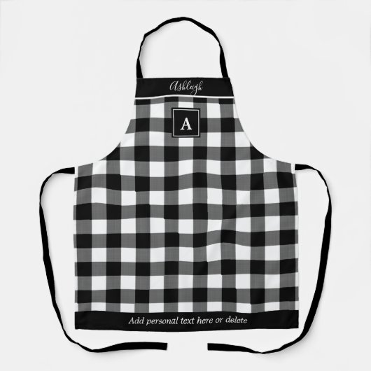 Buffalo Plaid Zwart Wit Monogram Script Naam Schort (Voorkant)