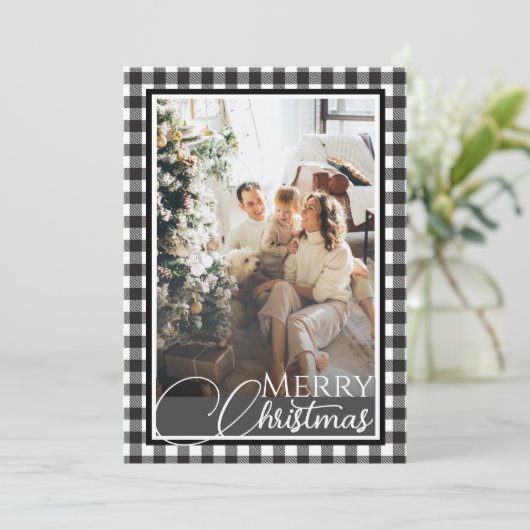 Buffalo Plaid Zwart & Wit Twee foto's van Kerstmis Feestdagenkaart (Staand voorkant)