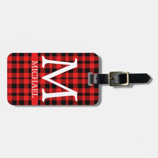 Buffalo Red Plaid Monogram Aangepast personalisere Bagagelabel (Voorkant horizontaal)
