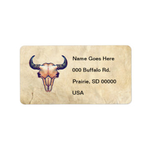 Buffalo Skull op Tan Faux Leather Etiket
