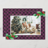Buffalo violet Plaid Holly Photo Cartes de Noël (Devant / Derrière)
