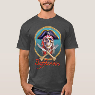 Buffaneers Pirate Skull op Blauwgroen Cirkel met V T-shirt