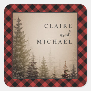 Buffel geruite Evergreen Bomen Bruiloft Vierkante Sticker