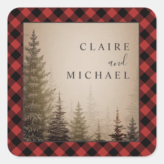 Buffel geruite Evergreen Bomen Bruiloft Vierkante Sticker (Voorkant)