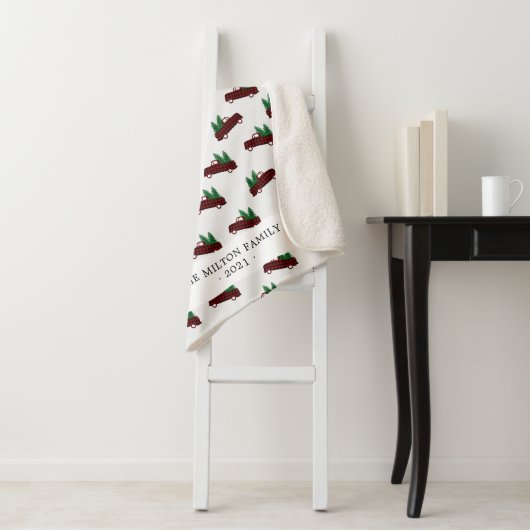 Buffel geruite rode vrachtwagen Kerstboom monogram Sherpa Deken (In situ)