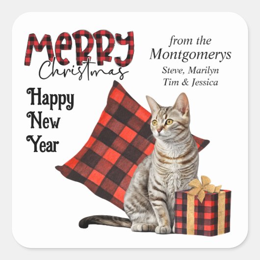 Buffel Plaid Gestreepte Tabby Kat Kerstmis Vierkante Sticker (Voorkant)