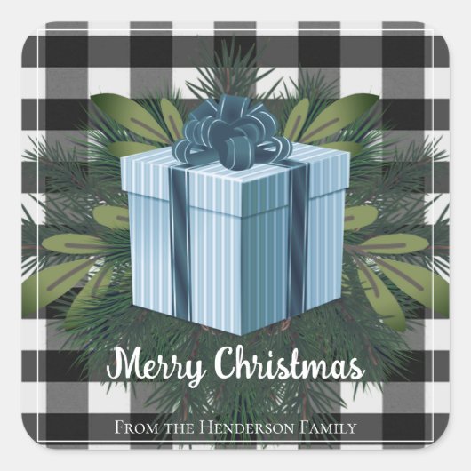 Buffel Plaid Kerstcadeau | Blauwe kerst Vierkante Sticker (Voorkant)