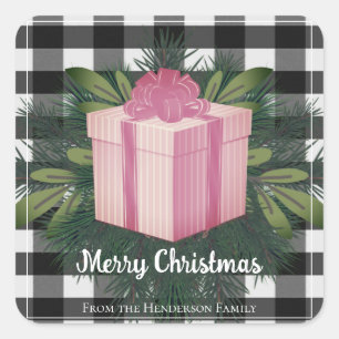 Buffel Plaid Kerstcadeau   Roze Kerstmis Vierkante Sticker