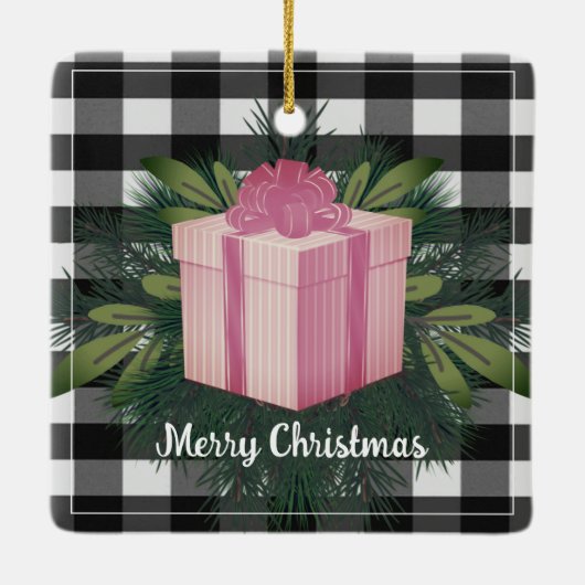 Buffel Plaid Kerstcadeau | Roze Vakantie Keramisch Ornament (Achterkant)