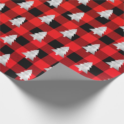 Buffel Plaid Lomberjack Kerstboom Zilver Rood Cadeaupapier (Hoek)