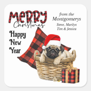Buffel Plaid Pug Puppy Kerstmis Vierkante Sticker