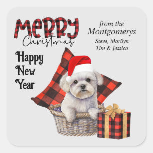 Buffel Plaid Witte Maltese Hond Kerstmis Vierkante Sticker