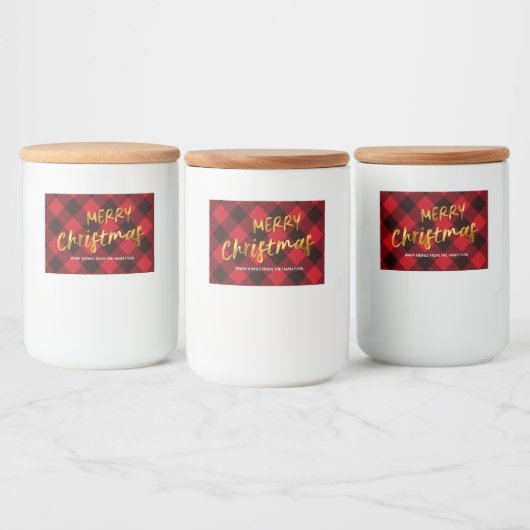 Buffel Rood Plaid en Gouden Folie Script Kerstmis Voedselcontainer Etiket (Flessen)
