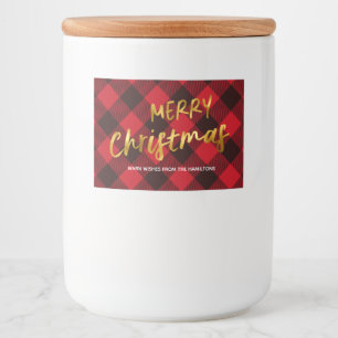 Buffel Rood Plaid en Gouden Folie Script Kerstmis Voedselcontainer Etiket
