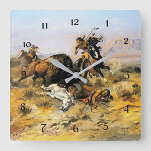 “Buffeljacht” Cowboy Kunst van Charles Russell Vierkante Klok