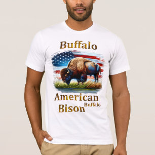 Buffels staan in grasveld met Amerikaanse vlag T-shirt