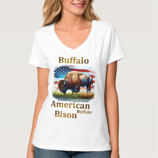 Buffels staan in grasveld met Amerikaanse vlag T-shirt (Voorkant)