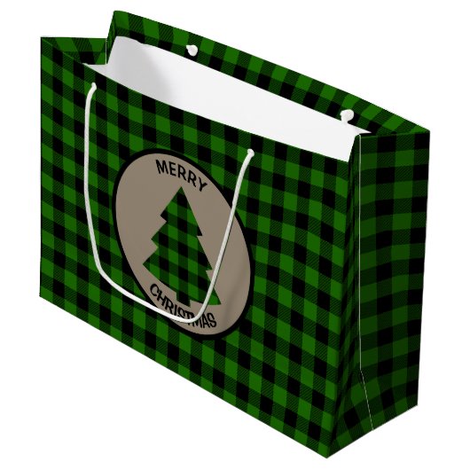 Buffle vert Plaid Christmas Tree Grand sac cadeau (Devant Angle)
