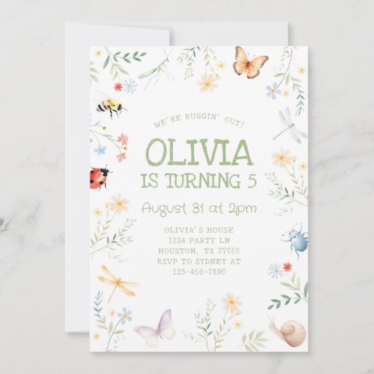 Bug Girl Verjaardag Uitnodiging Insect Party (Voorkant)