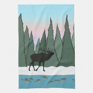 Bugling Bull Elk en Fish Kitchen Towel Theedoek