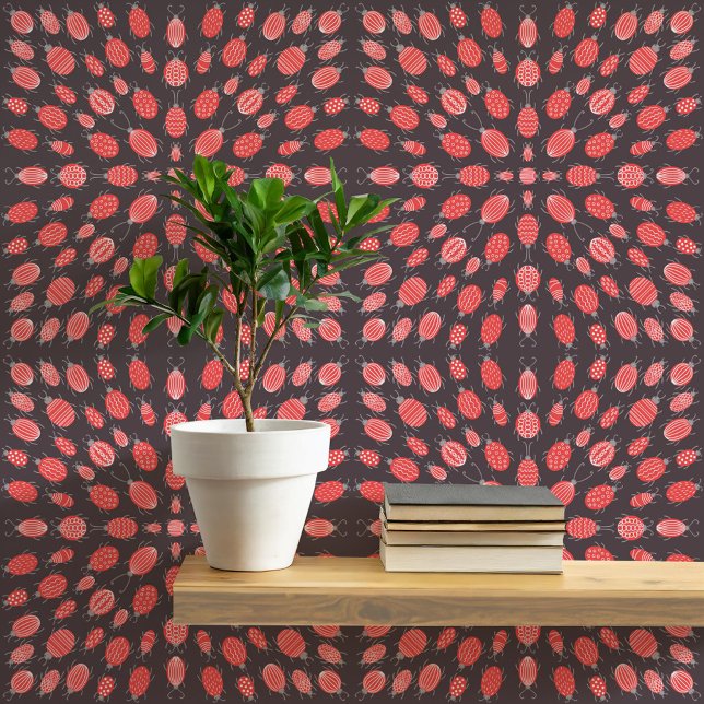 Bugs and Beetles Pattern Red Charcoal Grey Behang (Fun bugs and beetles insect pattern art peel and stick wallpaper, great for Halloween)