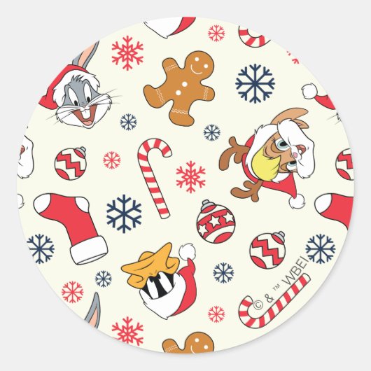 BUGS BUNNY™, DAFFY DUCK™ & Lola Christmas Pattern Ronde Sticker (Voorkant)