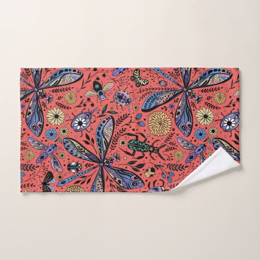 Bugs de Doodle sur corail rouge (Serviette à main)