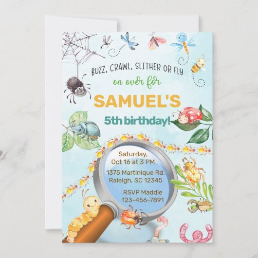 Bugs, insecten verjaardagsuitnodiging, buzz kruipt kaart (Voorkant)
