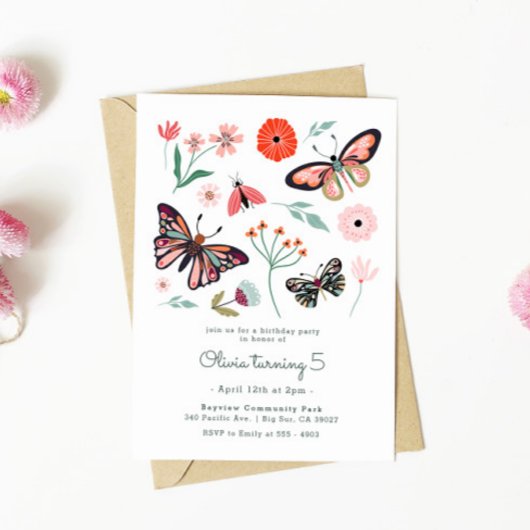 Bugs Papillon rose Fleur Invitation Anniversaire