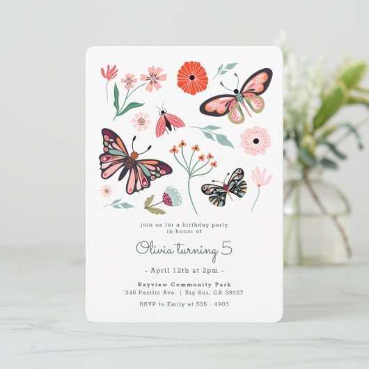 Bugs Papillon rose Fleur Invitation Anniversaire (Debout devant)